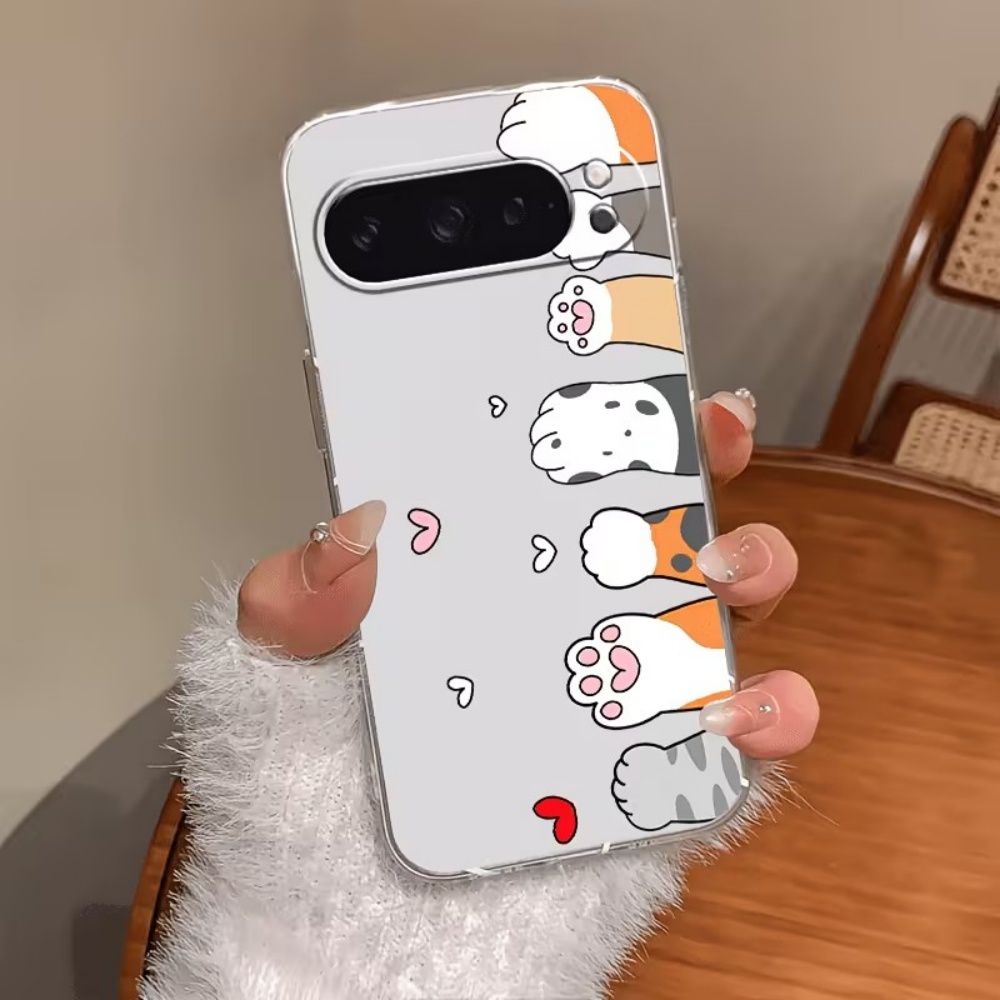 Google Pixel 9 - 만화 고양이 발자국 크리스탈 투명 실리콘